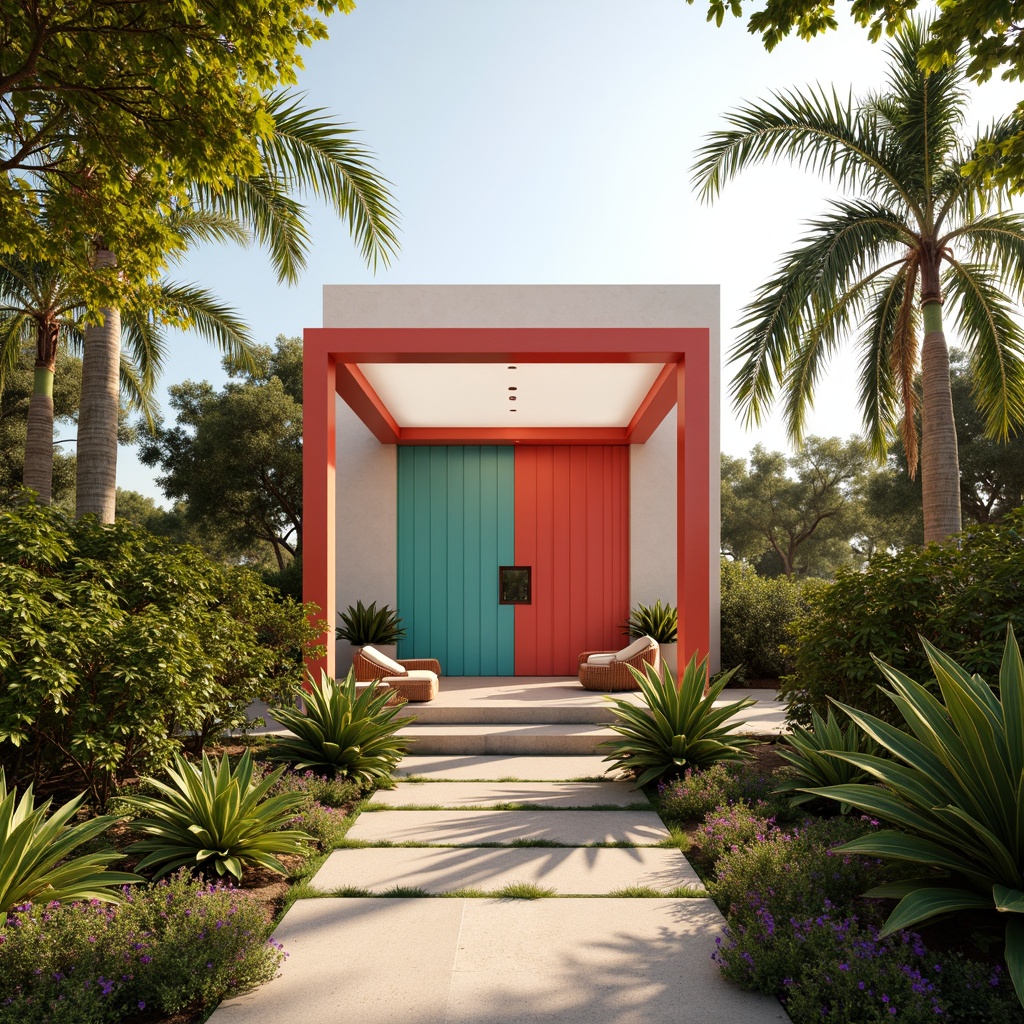 Prompt: Vibrant pavilion, bold geometric shapes, bright coral hues, turquoise accents, sleek metal frameworks, transparent glass roofs, lush greenery surroundings, natural stone flooring, warm golden lighting, soft focus blur, 1/1 composition, symmetrical balance, minimalist decor, modern architectural style, tropical plants, exotic flowers, sunny afternoon, gentle breeze, subtle shadows, ambient occlusion.