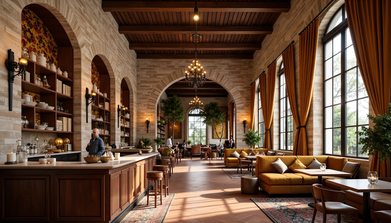 Prompt: Richly textured stone walls, warm wooden accents, soft leather upholstery, polished metal fixtures, elegant glassware, ornate ceramics, rustic brick arches, earthy terracotta flooring, vibrant tapestries, ambient pendant lighting, 3/4 composition, shallow depth of field, realistic reflections, intricate moldings, luxurious velvet drapes, natural fiber rugs, warm beige color palette, inviting communal seating, bustling atmosphere, morning softbox lighting.