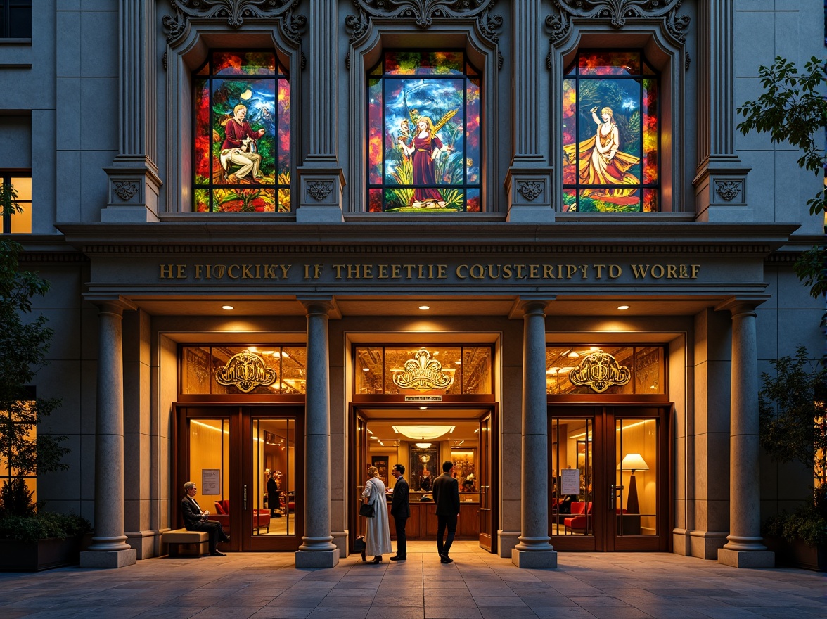 Prompt: Ornate theater facade, academic architectural style, colored glass windows, intricate stone carvings, grand entrance doors, ornamental metalwork, vibrant stained glass, subtle natural light, warm golden lighting, shallow depth of field, 1/1 composition, symmetrical layout, richly textured walls, dramatic archways, elegant columns, refined details, classical influences, sophisticated ambiance.