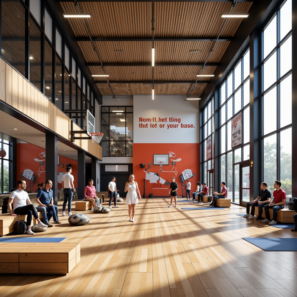 Prompt: Modern gymnasium interior, open-plan layout, polished wooden floors, mirrored walls, high ceilings, athletic equipment, basketball hoops, volleyball nets, exercise machines, free weights, yoga mats, sound-absorbing panels, LED lighting, bright color scheme, motivational quotes, sports-themed artwork, comfortable spectator seating, ample natural light, 1/1 composition, shallow depth of field, realistic textures, ambient occlusion.