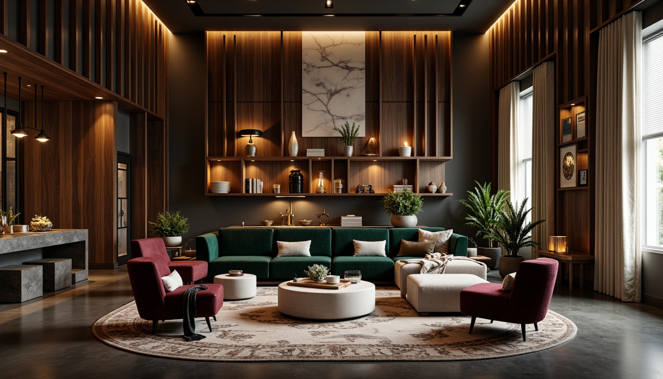 Prompt: Rich wooden accents, luxurious velvet fabrics, metallic chrome details, sleek glass surfaces, bold geometric patterns, deep charcoal grays, warm beige tones, vibrant emerald greens, rich burgundy reds, sophisticated neutral whites, atmospheric dim lighting, dramatic shadows, 1/2 composition, cinematic camera angles, high-contrast color grading, realistic reflective materials.