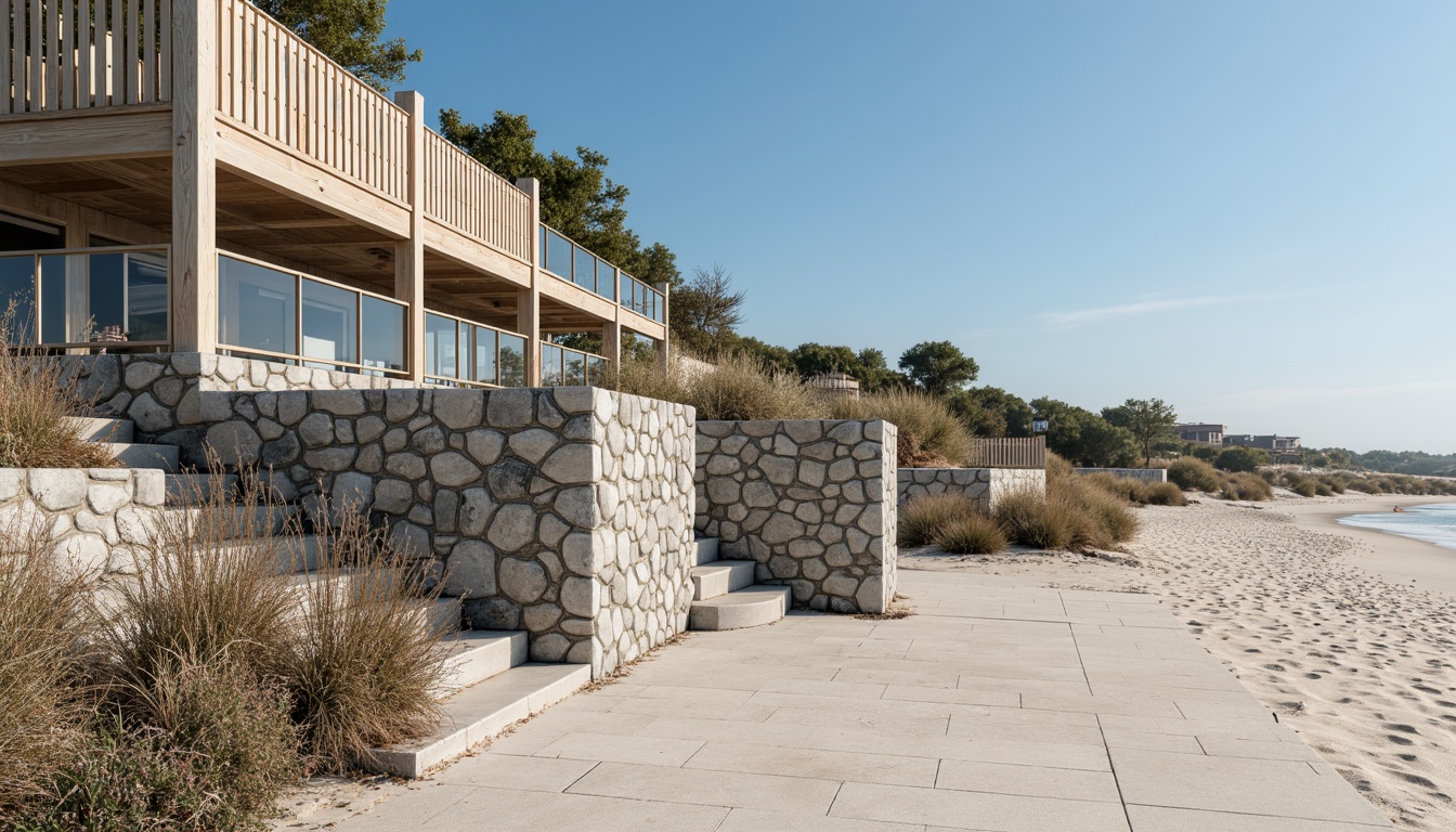 Prompt: Weathered wood accents, coral-inspired stonework, driftwood grey fencing, ocean-blue glass railings, salt-resistant metals, rustic nautical ropes, beachy texture, sandy dunes, seaside vegetation, sunny coastal day, soft warm lighting, shallow depth of field, 3/4 composition, panoramic view, realistic textures, ambient occlusion.