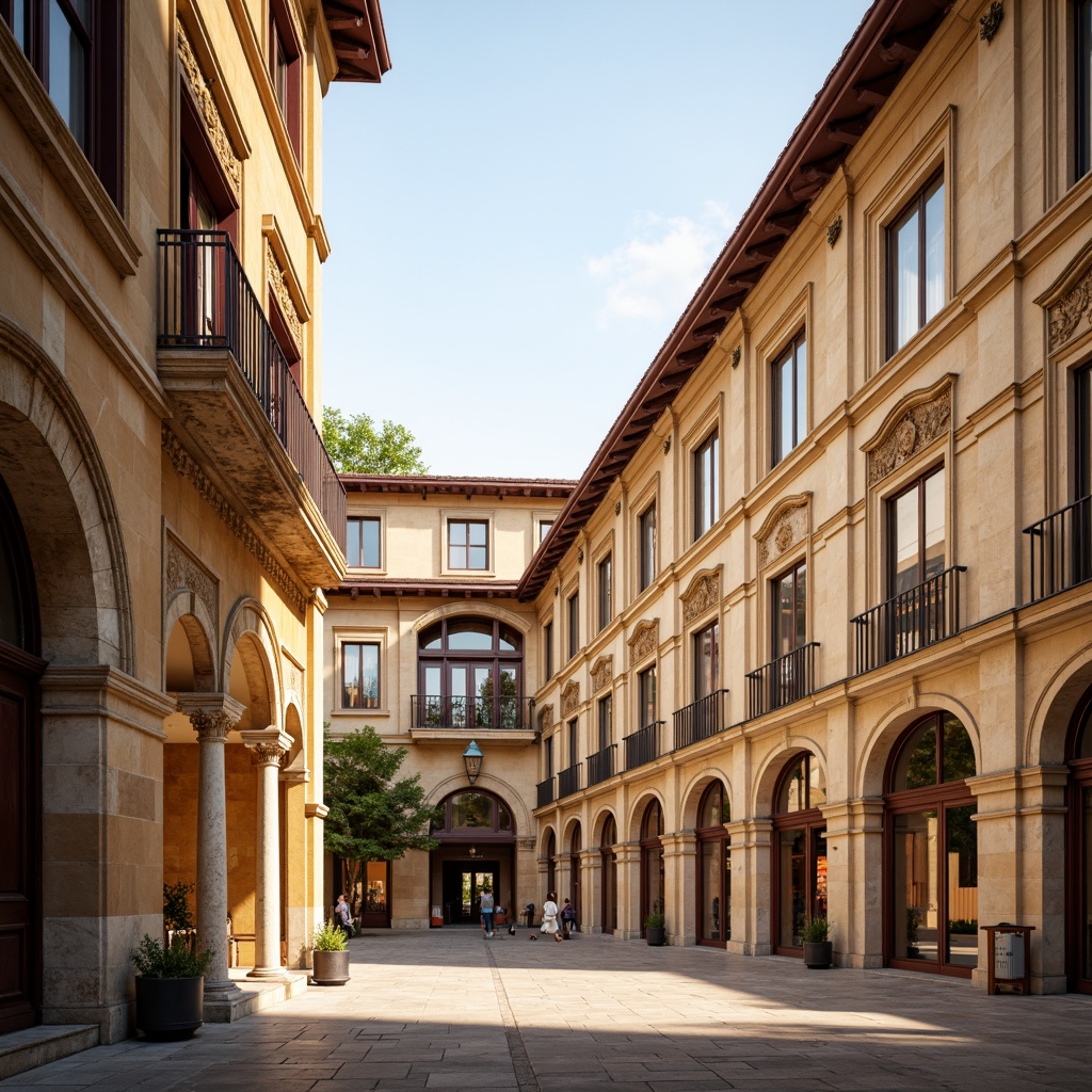 Prompt: Renaissance-style buildings, warm beige stone walls, ornate carvings, golden accents, rich burgundy roofs, soft cream-colored arches, decorative frescoes, intricate marble patterns, ornamental columns, grandiose entranceways, symmetrical facades, classical proportions, warm afternoon sunlight, soft shadows, subtle gradient lighting, 1/2 composition, realistic textures, ambient occlusion.