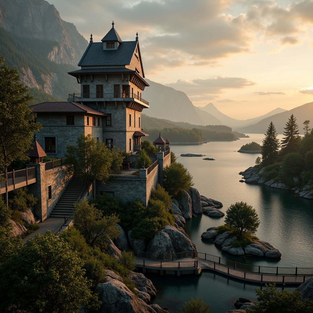 Prompt: Majestic watchtower, rugged stone walls, lush greenery, winding staircases, wooden bridges, serene lakeside, misty mountains, dramatic sunsets, warm golden lighting, atmospheric fog, mysterious forest, ancient trees, moss-covered stones, intricate stonework, ornate metal railings, panoramic views, 3/4 composition, realistic textures, ambient occlusion.