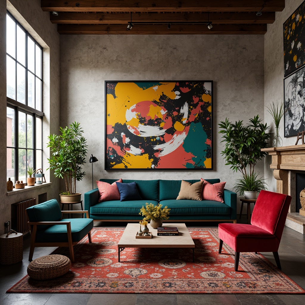 Prompt: Vibrant artistic studio, abstract expressionism, eclectic furniture, bold color blocking, contrasting textures, rich velvet fabrics, metallic accents, geometric patterns, urban industrial backdrop, natural light pouring in, soft warm glow, 3/4 composition, shallow depth of field, realistic renderings, ambient occlusion.