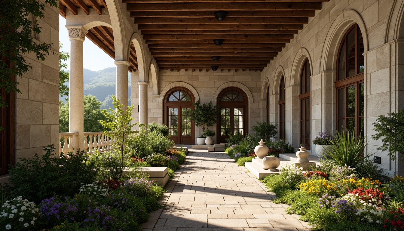 Prompt: Lush greenery, vibrant flowers, natural stone walls, rustic wooden beams, arched windows, Romanesque style architecture, ornate carvings, grand entranceways, symmetrical facades, elegant proportions, serene atmosphere, warm soft lighting, shallow depth of field, 3/4 composition, panoramic view, realistic textures, ambient occlusion.