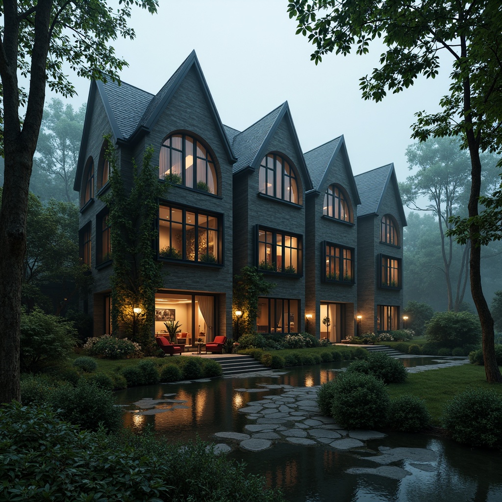 Prompt: Mysterious Gothic hostel, turrets and spires, stone walls with ivy, stained glass windows, grand entrance halls, medieval-inspired furnishings, ornate wooden decorations, dim warm lighting, mystical ambiance, surrounded by lush greenery, towering trees, winding paths, serene natural pond, misty morning atmosphere, soft focus effect, 1/1 composition, atmospheric perspective, realistic textures, subtle color grading.