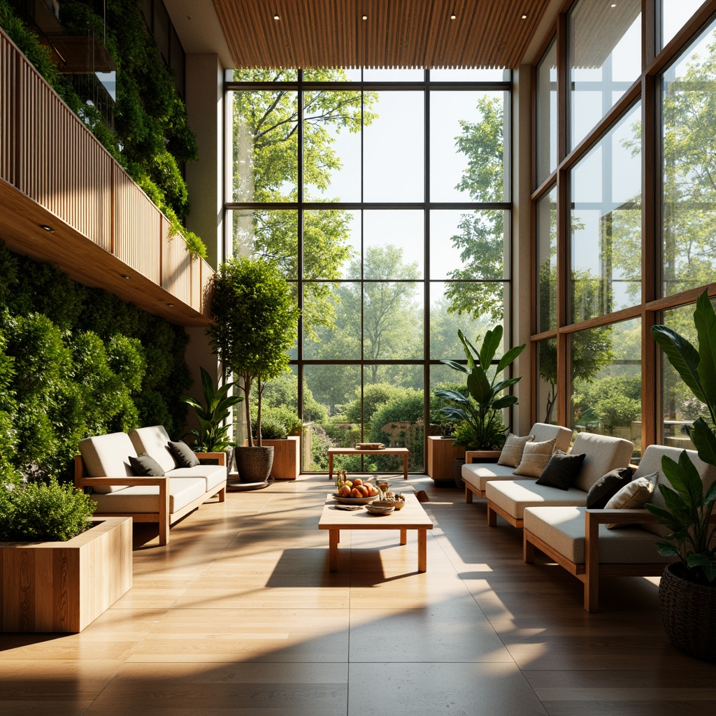 Prompt: Vibrant interior space, abundant natural light, floor-to-ceiling windows, minimalist decor, greenery walls, wooden accents, earthy tones, cozy atmosphere, warm glow, soft shadows, indirect lighting, 1/2 composition, shallow depth of field, realistic textures, ambient occlusion.