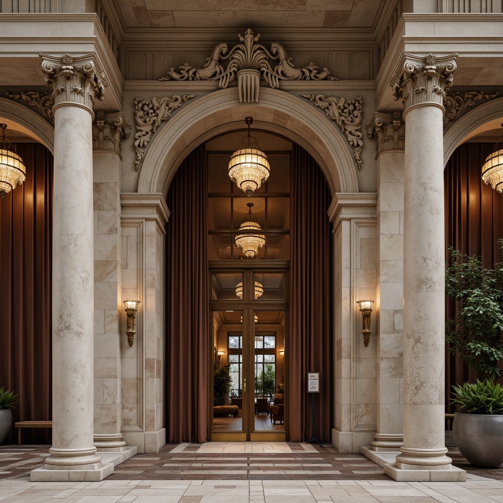 Prompt: Elegant neoclassical facade, limestone columns, marble arches, ornate carvings, symmetrical composition, grand entrance, polished bronze doors, crystal chandeliers, velvet drapes, rich wood paneling, intricate moldings, gilded details, subtle lighting, atmospheric ambiance, warm beige tones, rustic stone walls, classical proportions, harmonious balance, refined ornamentation.