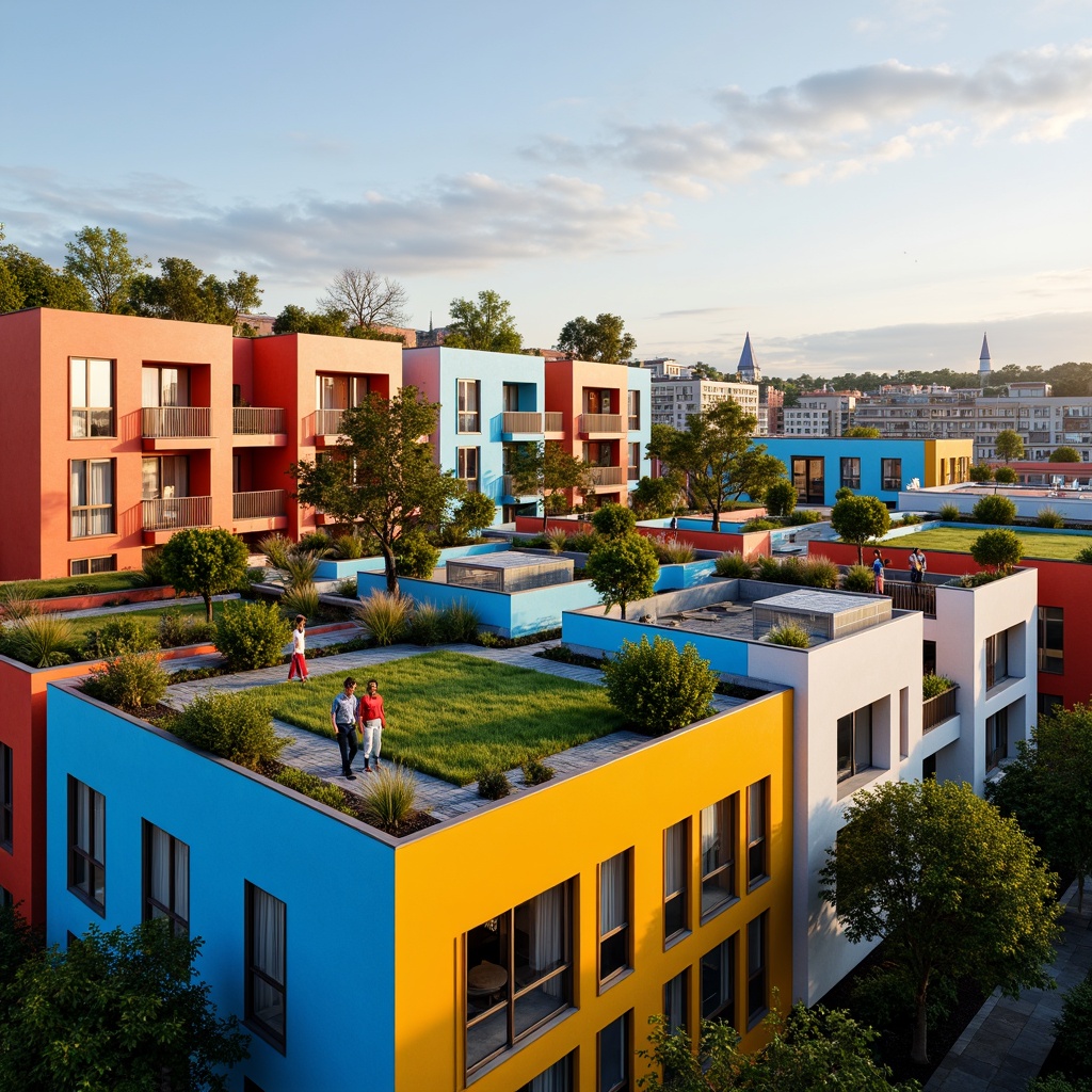 Prompt: Vibrant community, social housing complex, modern facade design, bold color schemes, dynamic geometric patterns, angular balconies, cantilevered structures, energy-efficient windows, solar panels, green roofs, sustainable materials, urban landscape, cityscape views, warm afternoon lighting, shallow depth of field, 3/4 composition, realistic textures, ambient occlusion.