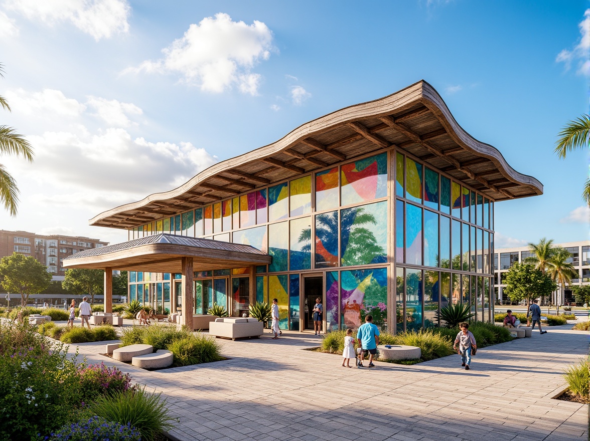 Prompt: Vibrant beachside pavilion, undulating glass fa\u00e7ade, iridescent colors, ocean-inspired patterns, wavy metal roofs, driftwood accents, coral-like structures, seaside promenade, sandy dunes, tropical plants, bright sunny day, soft warm lighting, shallow depth of field, 1/1 composition, realistic reflections, ambient occlusion.