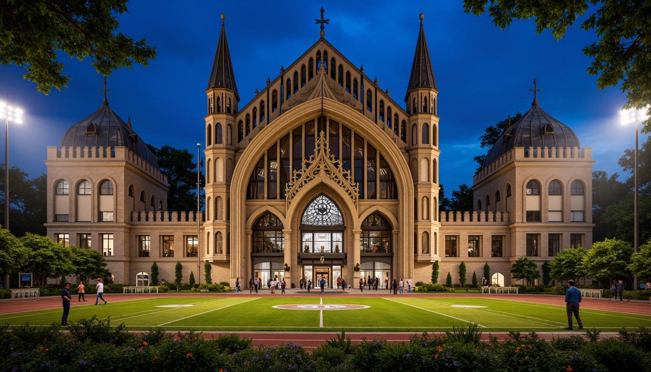 Prompt: Intricate stone carvings, pointed arches, ribbed vaults, grandiose entrance gates, ornate metalwork, fleur-de-lis patterns, majestic clock towers, stained glass windows, vibrant team colors, athletic tracks, lush green grass, modern floodlights, dramatic shadows, high-contrast lighting, 3/4 composition, symmetrical framing, rich textures, ambient occlusion.