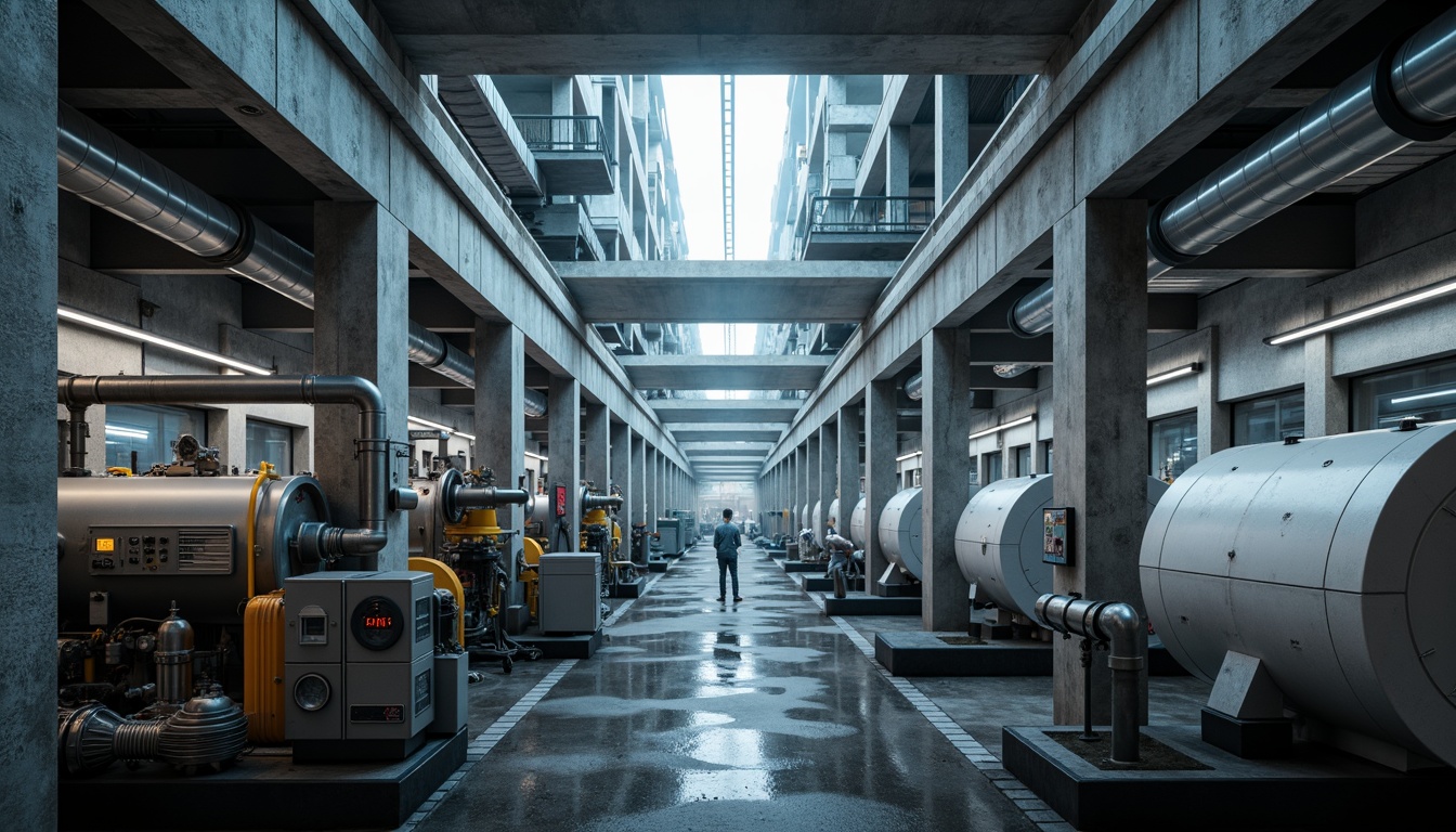 Prompt: Industrial energy plant, reinforced concrete columns, metallic pipes, steam turbines, generator machinery, control room instruments, futuristic architecture, angular lines, minimalist design, sleek metal surfaces, LED lighting, high-contrast colors, misty atmosphere, shallow depth of field, 1/2 composition, realistic textures, ambient occlusion.