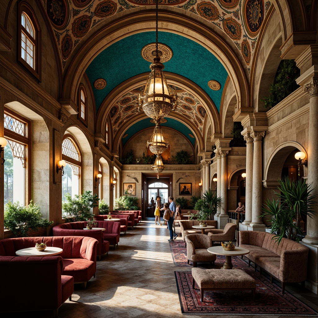 Prompt: Richly ornate coffee shop interior, Byzantine-inspired arches, intricate mosaics, golden accents, lavish textiles, plush seating areas, ornamental lanterns, rustic wooden tables, decorative columns, grand chandeliers, vibrant turquoise hues, warm atmospheric lighting, shallow depth of field, 1/1 composition, realistic textures, ambient occlusion.