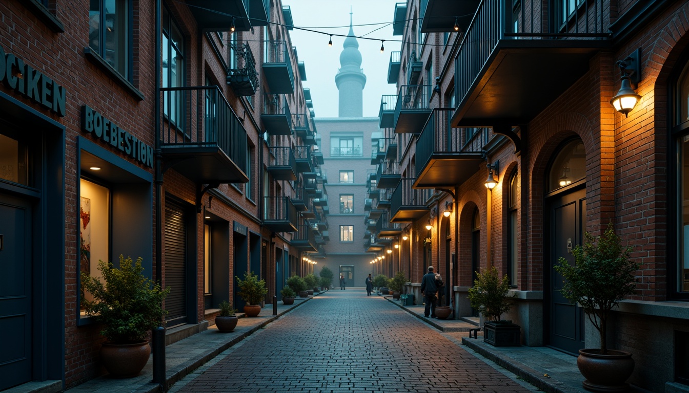 Prompt: Moody urban streetscape, historic industrial buildings, exposed brick walls, metal accents, Prussian blue fa\u00e7ade, ornate ironwork, grandiose archways, dramatic shadows, warm golden lighting, misty atmospheric effects, cinematic composition, low-angle shot, rich textures, detailed stonework, intricate architectural details, nostalgic ambiance, old-world charm, mysterious alleys, vintage streetlamps, foggy mornings, soft bokeh, shallow depth of field.