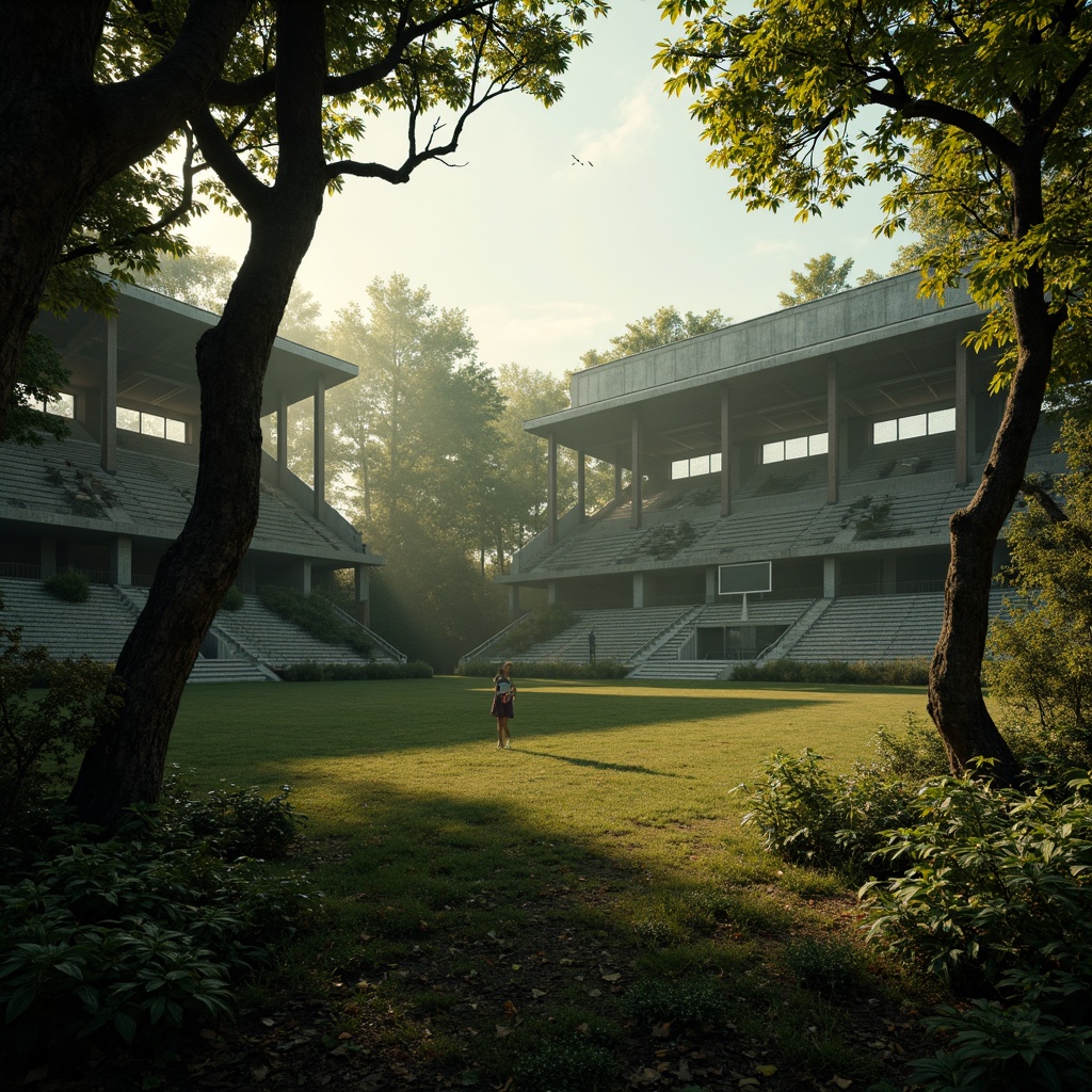 Prompt: Mysterious ancient forest, twisted tree branches, overgrown ruins, Gothic arches, stone columns, grand stadium architecture, lush green grass, sports equipment, medieval-inspired scoreboard, mystical fog, warm golden lighting, dramatic shadows, 1/2 composition, low-angle shot, cinematic atmosphere, detailed textures, subtle ambient occlusion.