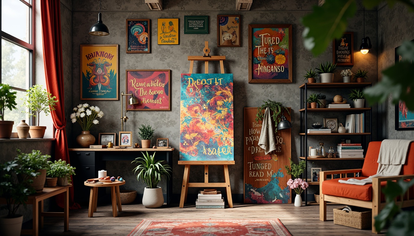 Prompt: Vibrant art studio, eclectic bohemian decor, rich jewel tones, bold brushstrokes, textured canvas, artistic easel, colorful paints, inspiring quotes, natural wood accents, industrial metal shelves, cozy reading nook, warm task lighting, 1/1 composition, shallow depth of field, realistic textures, ambient occlusion.