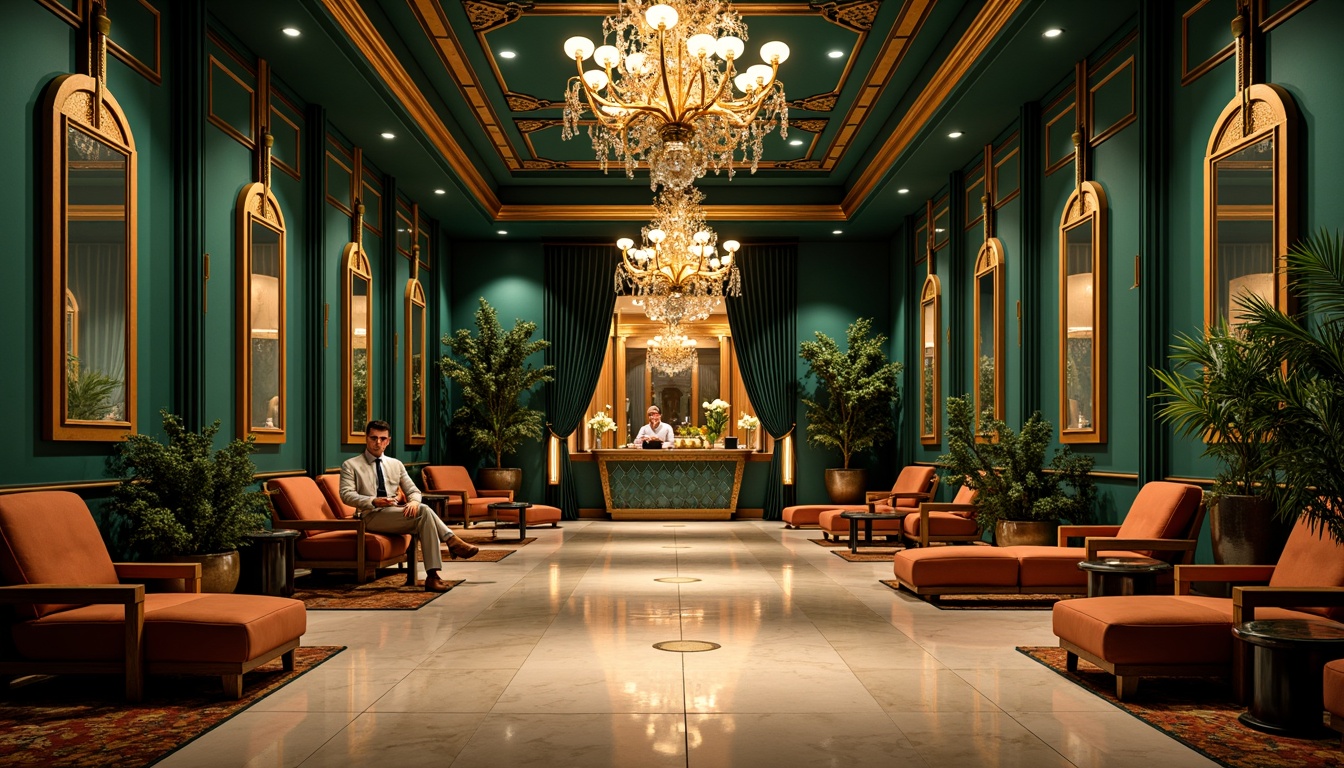 Prompt: Luxurious art deco venue, opulent chandeliers, metallic accents, rich jewel tones, emerald green walls, navy blue ceilings, golden geometric patterns, creamy marble floors, velvet drapes, ornate mirrors, lavish furnishings, bronze fixtures, warm candlelight, dramatic shadows, 3/4 composition, low-angle shot, cinematic lighting, high-contrast colors.