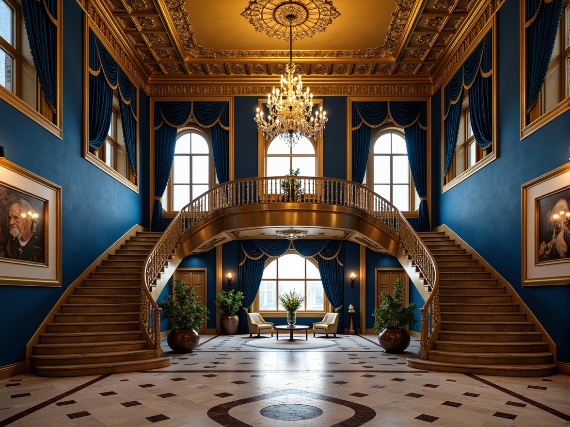 Prompt: Prussian blue accent walls, ornate gold details, luxurious velvet drapes, marble floors, grand staircases, opulent chandeliers, intricate molding patterns, Baroque-inspired ornaments, dramatic archways, symmetrical compositions, warm golden lighting, rich textures, ornate metalwork, lavish furnishings, regal atmosphere, cinematic camera angles, shallow depth of field, 1/2 composition, warm color grading.