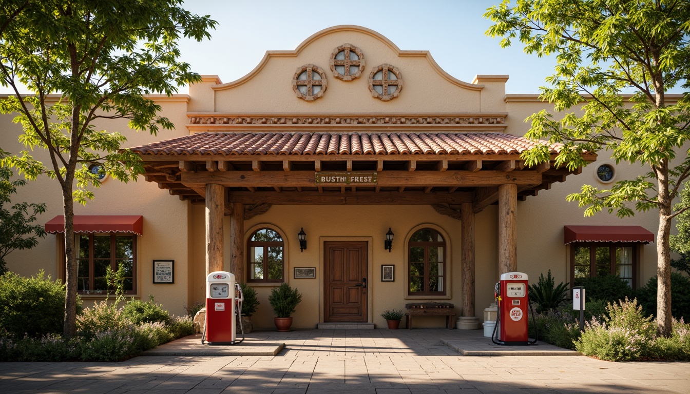 Prompt: Rustic gas station, earthy tones, warm beige walls, terracotta roof tiles, ornate stone carvings, distressed metal accents, vintage fuel pumps, nostalgic signage, lush greenery, mature trees, natural stone pavement, warm sunny day, soft golden lighting, shallow depth of field, 1/2 composition, cinematic view, realistic textures, ambient occlusion.Let me know if you need any adjustments!