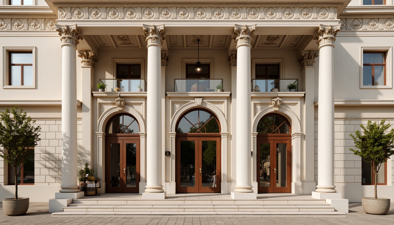 Prompt: Grand neoclassical building, ornate Corinthian columns, elegant arches, intricately carved stonework, symmetrical fa\u00e7ade composition, cream-colored limestone walls, decorative pilasters, rusticated base, majestic entrance portal, polished bronze door handles, ornamental metalwork, subtle patina effects, soft warm lighting, shallow depth of field, 1/2 composition, realistic textures, ambient occlusion.