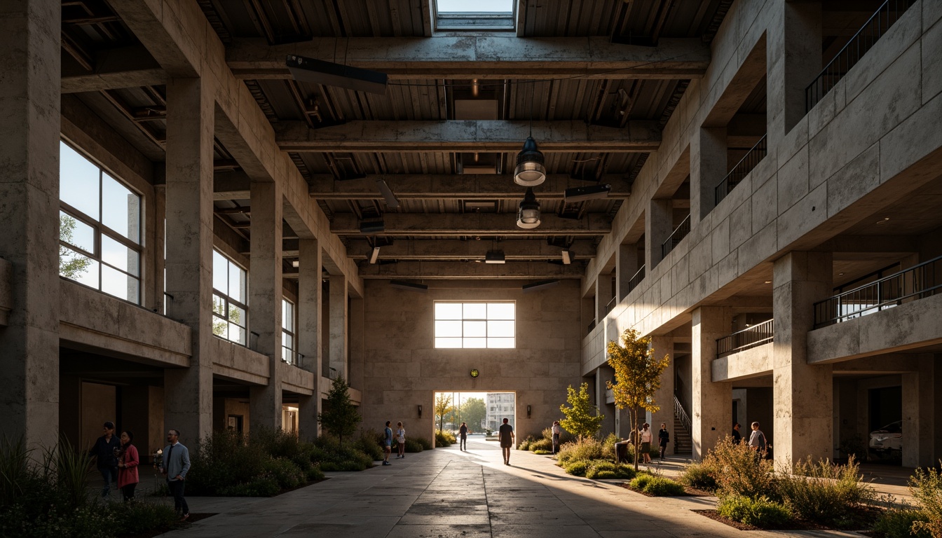 Prompt: Gritty community center, brutalist architecture, rough concrete textures, industrial metal beams, exposed ductwork, dramatic high ceilings, angular lines, bold geometric shapes, stark contrast lighting, warm golden hour, softbox lights, sidelighting, backlighting, high-key lighting, moody shadows, cinematic composition, 2.35