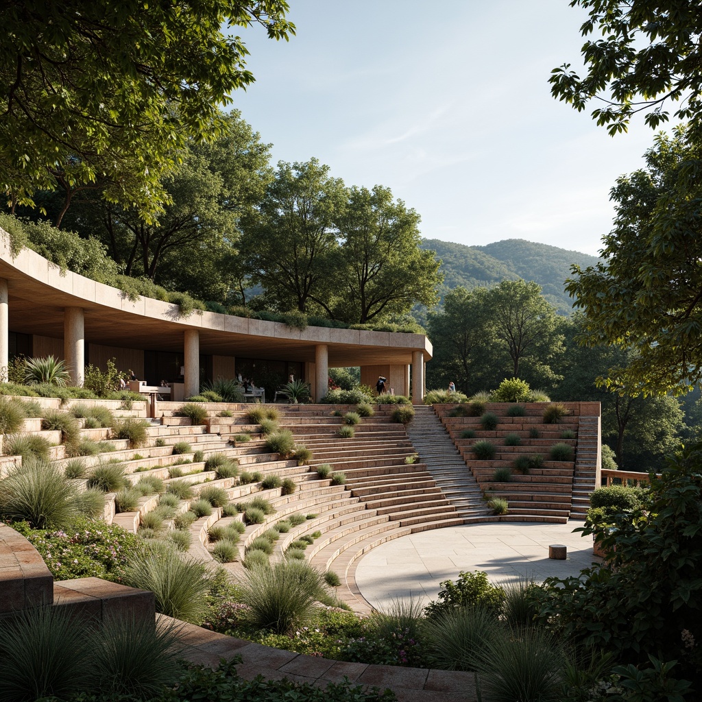 Prompt: Sweeping amphitheater design, natural stone seating, lush greenery integration, curved structural lines, open-air performance space, scenic landscape views, tiered levels, rustic wooden accents, earthy tone color palette, organic material blend, soft warm lighting, dramatic shadow play, shallow depth of field, 1/1 composition, panoramic view, realistic textures, ambient occlusion.