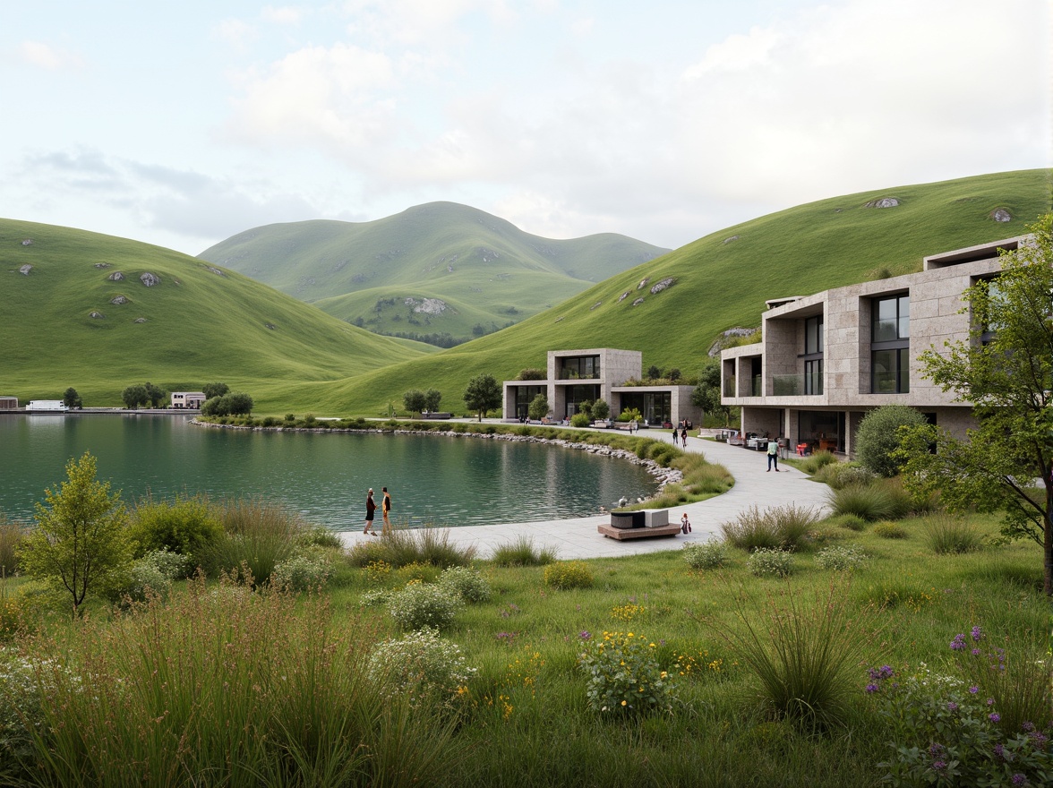 Prompt: Rolling hills, lush green meadows, serene lakeside, waterfront promenade, modern architectural structures, curved lines, natural stone fa\u00e7ades, glass balconies, cantilevered roofs, seamless transitions, landscape blending, organic forms, sustainable design, eco-friendly materials, native plant species, wildflower fields, misty morning atmosphere, soft warm lighting, shallow depth of field, 3/4 composition, panoramic view, realistic textures, ambient occlusion.