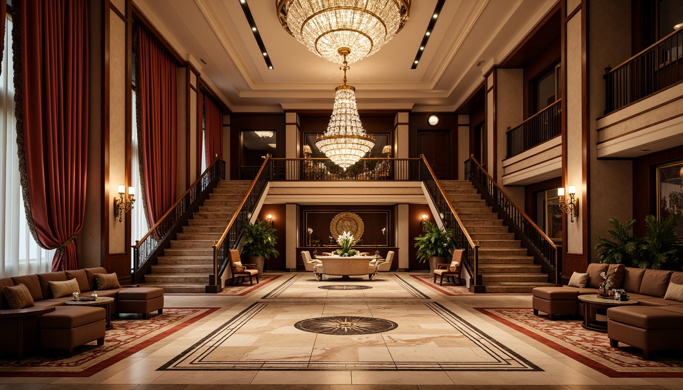 Prompt: Luxurious hotel lobby, opulent chandeliers, intricately patterned marble floors, grand staircase, velvet drapes, ornate metalwork, gilded accents, lavish furnishings, rich wood paneling, crystal fixtures, ambient warm lighting, soft focus photography, shallow depth of field, 1/2 composition, realistic textures, atmospheric perspective.