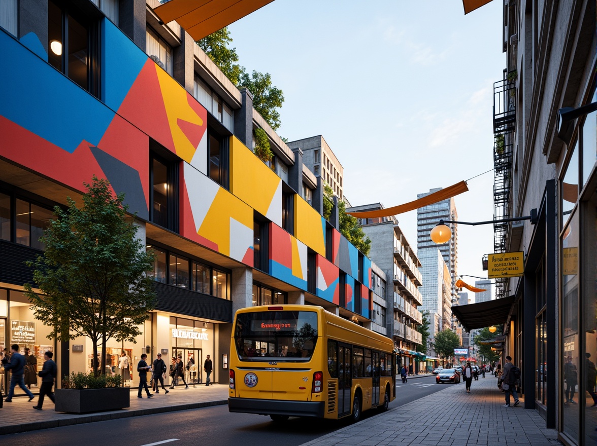 Prompt: Vibrant bus station, dynamic angular forms, bold geometric shapes, bright contrasting colors, abstract patterned walls, irregular window arrangements, cantilevered roofs, exposed steel structures, industrial materials, urban cityscape, busy streets, morning rush hour, soft warm lighting, high contrast, 3/4 composition, cinematic view, dramatic shadows, ambient occlusion.