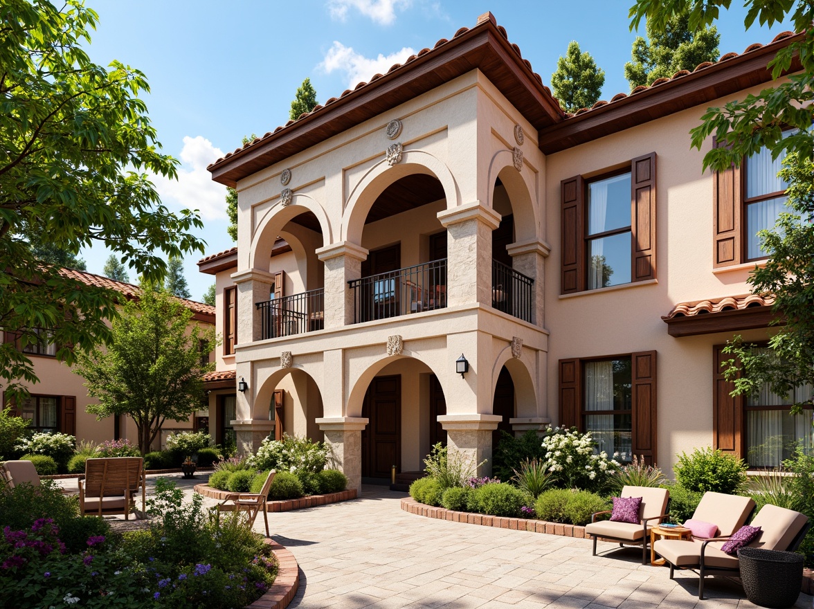 Prompt: Vibrant community center, renaissance-inspired fa\u00e7ade, ornate stone carvings, grand archways, intricate ironwork balconies, colorful glazed tiles, rustic wooden shutters, decorative cornices, Mediterranean-style roofs, lush greenery, blooming flowers, warm sunny day, soft natural lighting, shallow depth of field, 3/4 composition, panoramic view, realistic textures, ambient occlusion.Let me know if you need any adjustments!