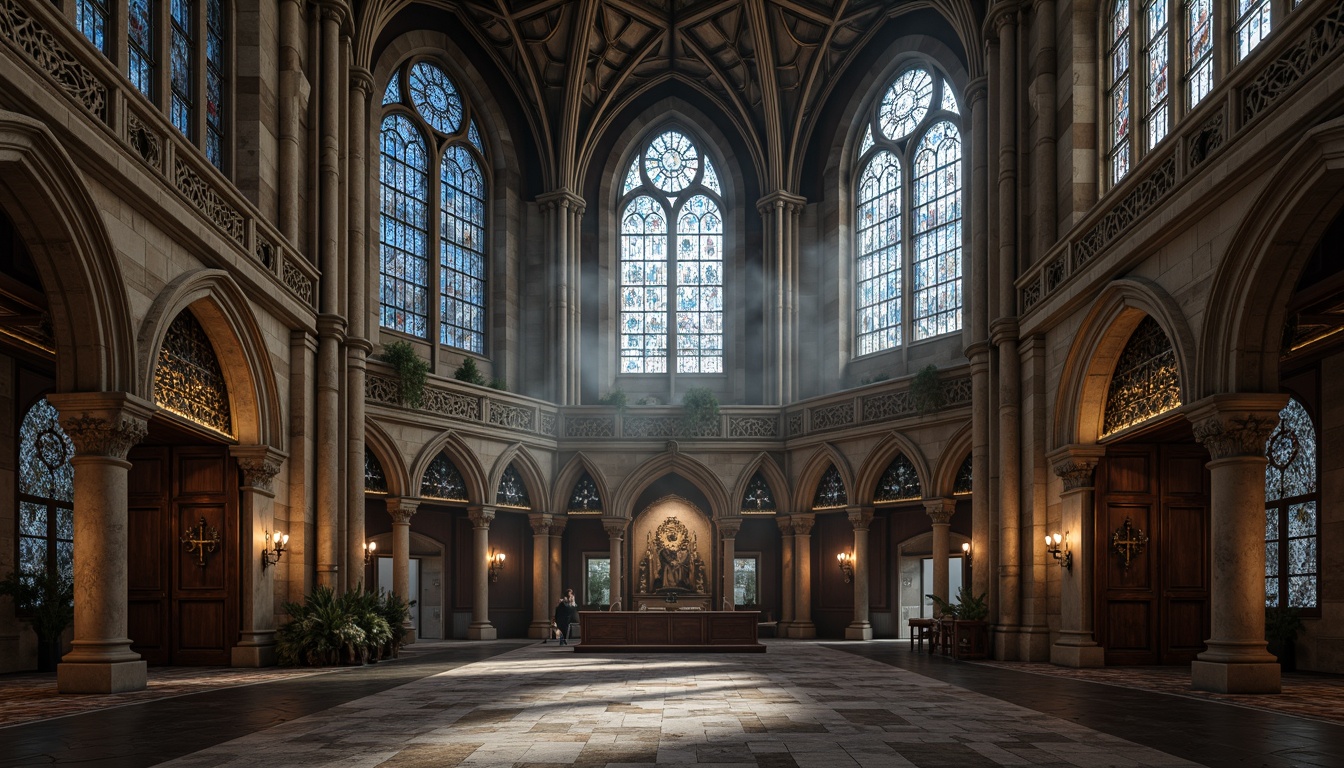 Prompt: Ornate Gothic cathedral, intricately carved stone walls, stained glass windows, grandiose wooden doors, ribbed vaulted ceilings, flying buttresses, pointed arches, granite foundations, rusticated base, limestone fa\u00e7ade, slate roofs, copper accents, intricate tracery, dramatic lighting, mystical ambiance, foggy atmosphere, eerie shadows, 1/2 composition, symmetrical framing, warm color palette, rich textures, ambient occlusion.