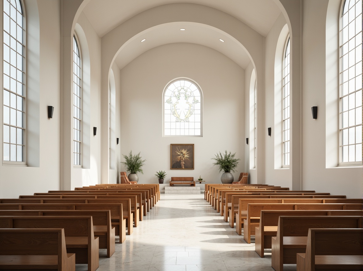 Prompt: Minimalist church interior, clean lines, white marble floors, simple wooden pews, subtle natural light, elegant stained glass windows, vaulted ceilings, sacred symbols, peaceful ambiance, soft warm lighting, shallow depth of field, 1/1 composition, symmetrical framing, realistic textures, ambient occlusion.