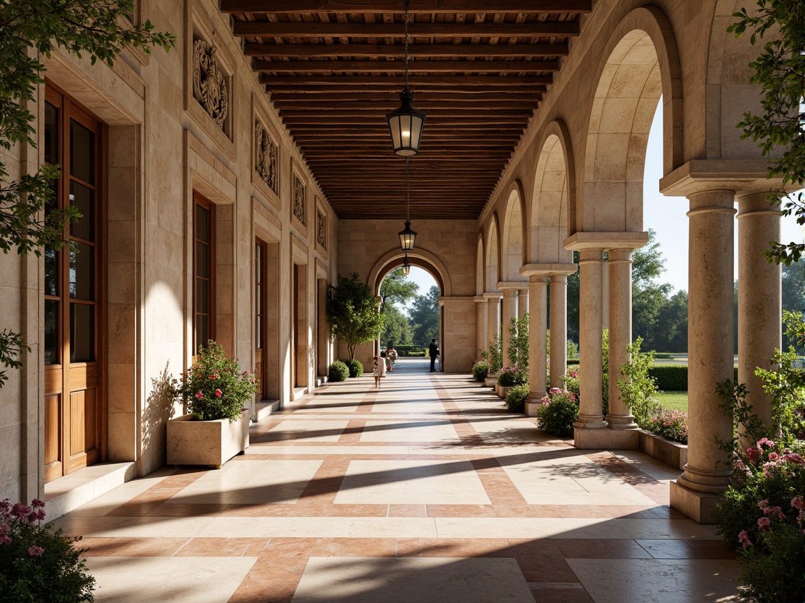 Prompt: Grand Renaissance palace, ornate stone carvings, intricate marble flooring, high-arched ceilings, rustic brick walls, imposing stone columns, ornamental fountains, lush greenery, vibrant flowers, warm sunny day, soft natural lighting, shallow depth of field, 1/2 composition, realistic textures, ambient occlusion.