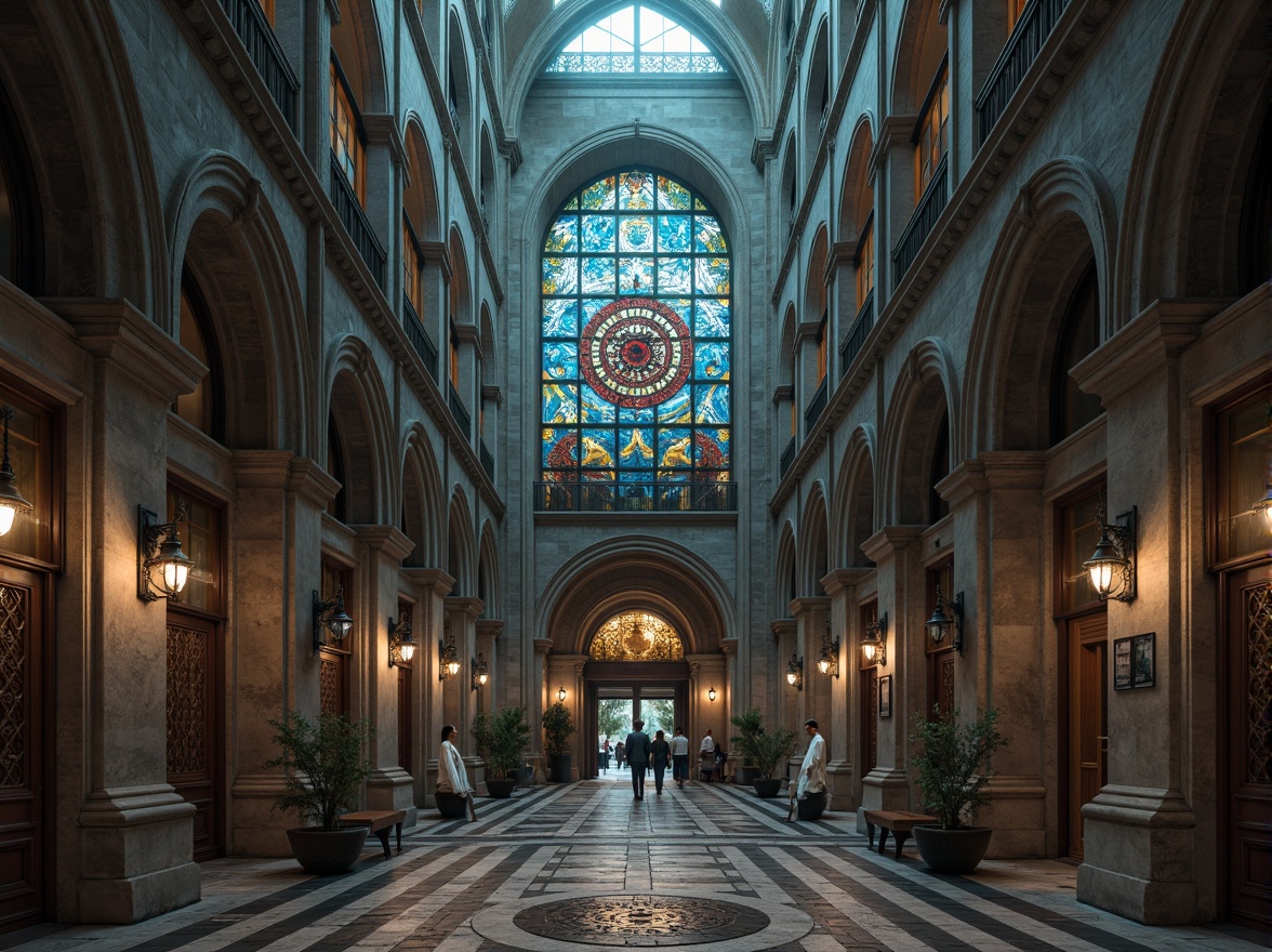 Prompt: Intricate stone carvings, pointed arches, ribbed vaults, flying buttresses, grandiose entrance gates, ornate metalwork, stained glass windows, vibrant colored tiles, mystical gargoyles, dramatic spotlights, misty morning atmosphere, low-angle photography, symmetrical composition, rich textures, subtle ambient occlusion.