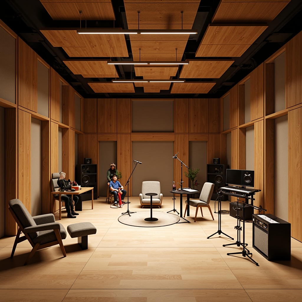 Prompt: Soundproof recording studio, dimmable LED lighting, wooden acoustic panels, sound-absorbing materials, minimal echo, optimal reverberation time, professional audio equipment, microphone stands, instrument placements, ergonomic seating, adjustable speaker positions, bass traps, diffusers, sound-reflecting surfaces, warm beige tones, natural wood textures, subtle ambient lighting, shallow depth of field, 1/1 composition, realistic renderings.