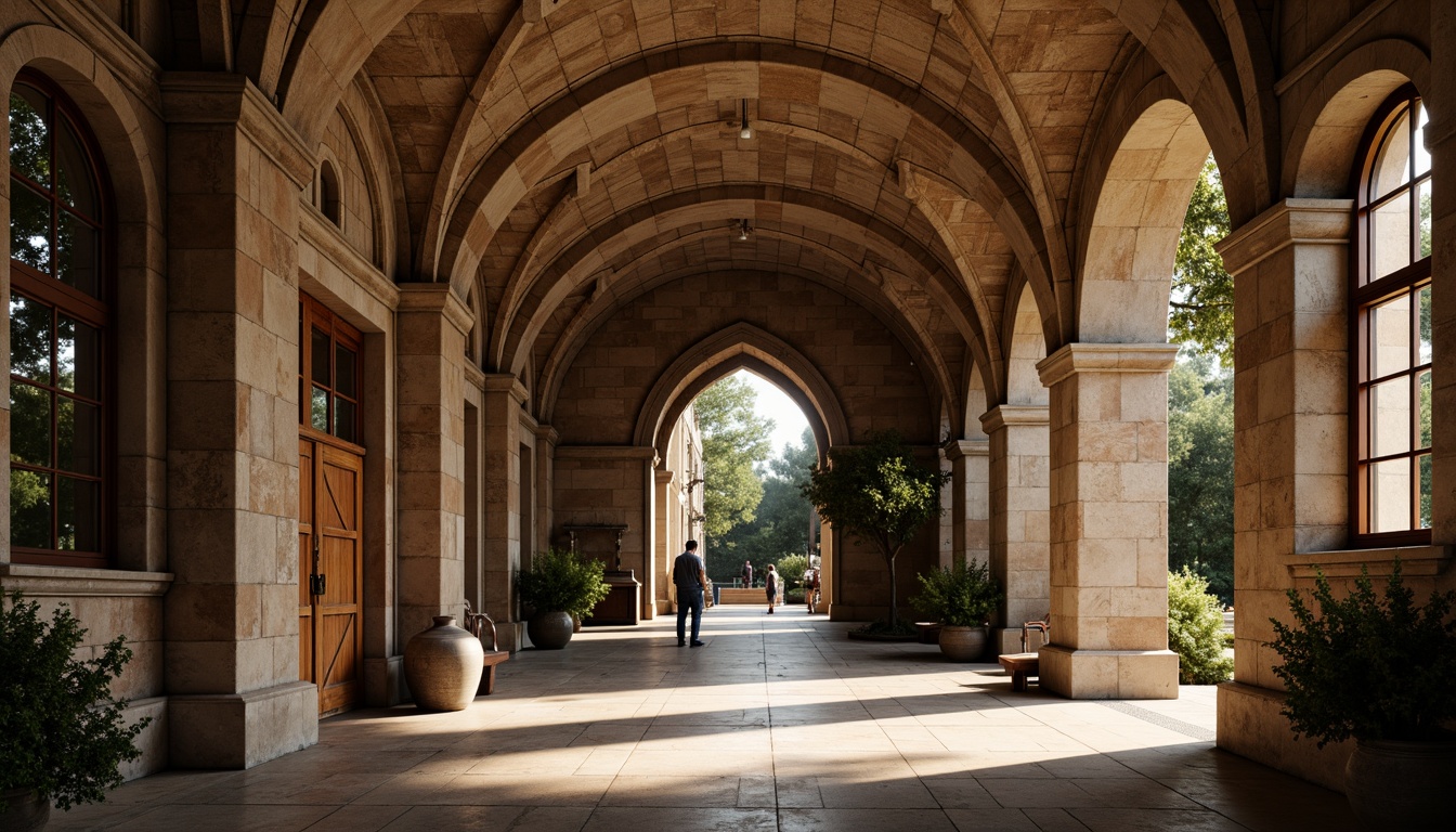 Prompt: Rounded archways, rustic stone walls, ornate carvings, grand entrance doors, stained glass windows, ribbed vaults, groin vaults, barrel-vaulted ceilings, thick columns, Corinthian capitals, decorative pilasters, warm earthy tones, natural stone flooring, wooden accents, soft diffused lighting, dramatic shadows, atmospheric misting, 1/2 composition, realistic textures, ambient occlusion.