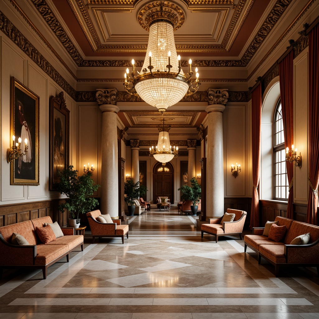 Prompt: Grand neoclassical interior, ornate chandeliers, marble flooring, high ceilings, intricate moldings, Corinthian columns, symmetrical layouts, rich velvet drapes, gilded frames, crystal sconces, elegant furnishings, tufted sofas, carved wooden paneling, refined upholstery, subtle color palette, warm golden lighting, soft focus, shallow depth of field, 1/1 composition, realistic textures, ambient occlusion.