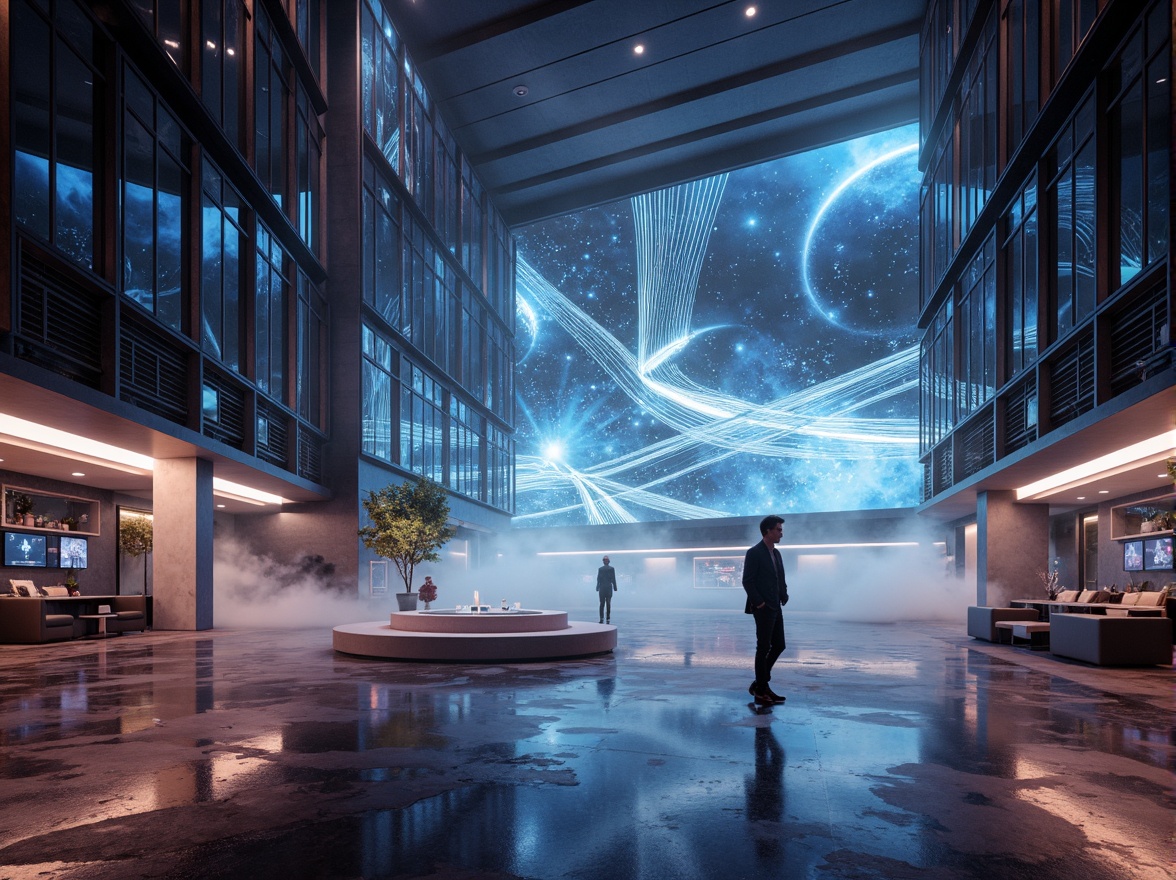 Prompt: Futuristic architecture design, sleek granite facades, metallic accents, neon lights, angular lines, minimalist interior, polished concrete floors, geometric patterns, high-tech gadgetry, holographic displays, ambient LED lighting, 3/4 composition, shallow depth of field, panoramic view, realistic textures, atmospheric fog effects.