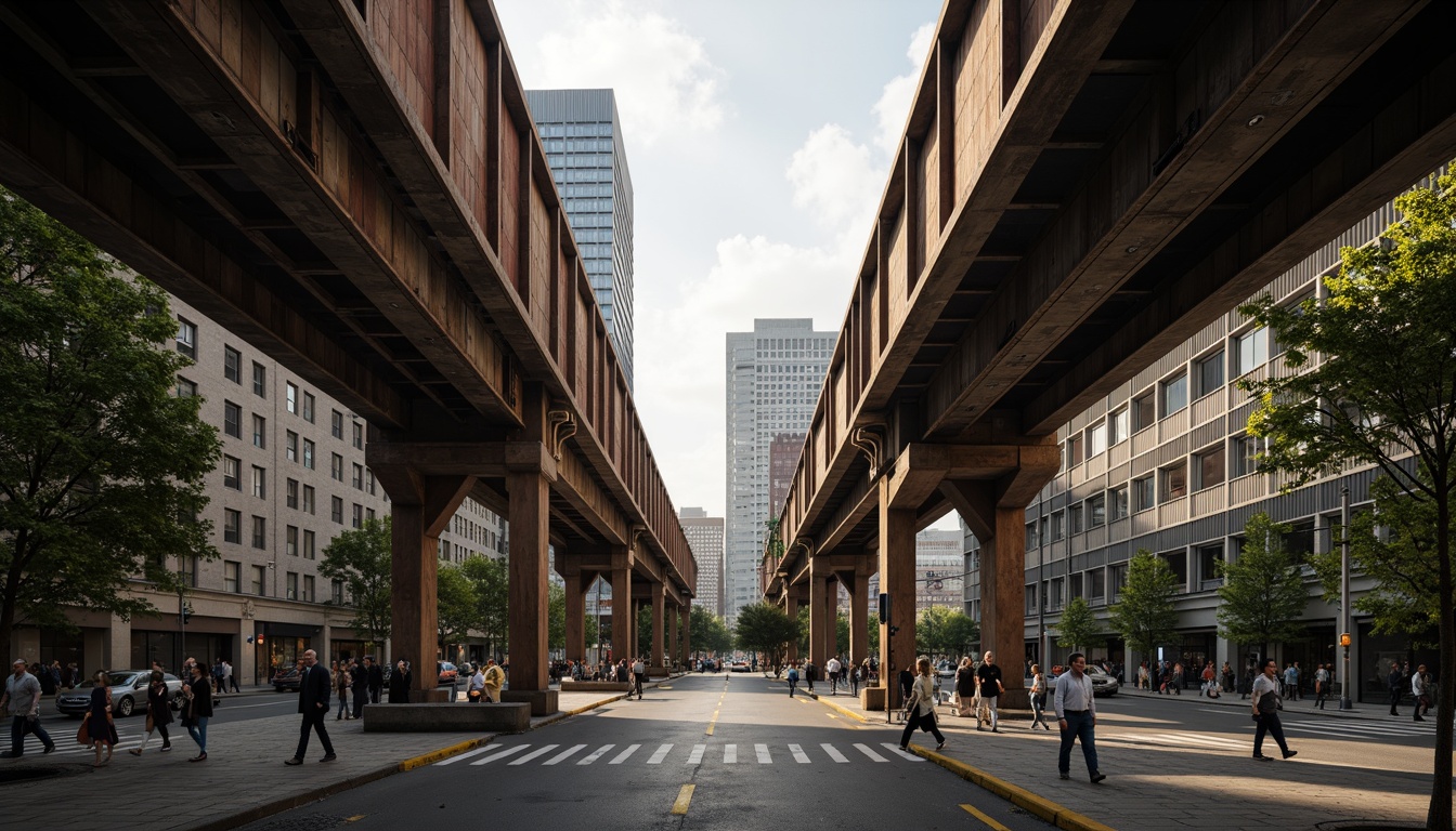 Prompt: Industrial steel bridges, rustic metal textures, weathered wooden accents, earthy tone color scheme, muted greens, blues, and grays, warm golden lighting, soft misty atmosphere, shallow depth of field, 1/1 composition, symmetrical framing, dramatic shadows, realistic reflections, ambient occlusion, urban cityscape background, busy street traffic, pedestrians walking, modern skyscrapers, cloudy sky with subtle sun rays.