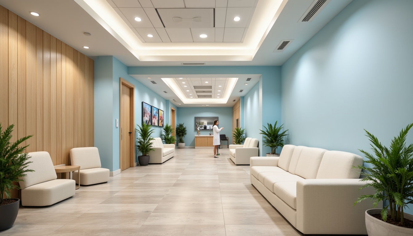 Prompt: Soothing healthcare facility, calming atmosphere, pale blue walls, cream-colored furniture, warm beige floors, natural wood accents, gentle greenery, soft pastel hues, serene lighting, subtle texture variations, minimal ornamentation, clean lines, modern simplicity, calming ambiance, relaxing patient areas, muted earth tones, comforting waiting rooms, peaceful examination spaces.