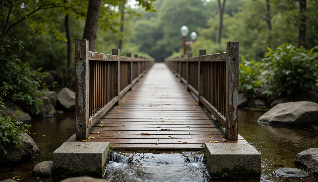 Prompt: Rustic wooden pedestrian bridge, weathered steel railings, rough-textured concrete piers, warm-toned wood decking, subtle lighting fixtures, atmospheric misting systems, natural stone abutments, meandering water features, lush vegetation surroundings, serene forest environment, soft diffused lighting, shallow depth of field, 2/3 composition, realistic textures, ambient occlusion.