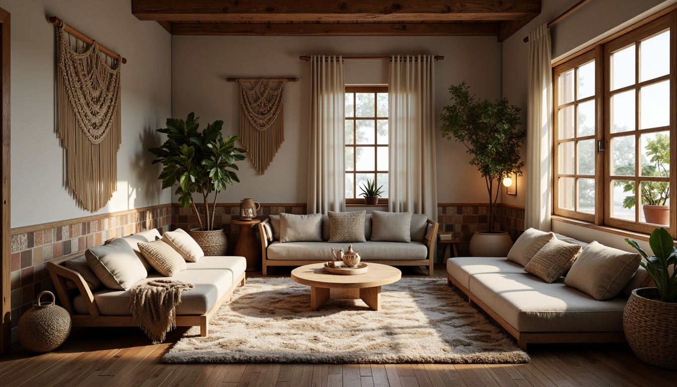 Prompt: Cozy apartment interior, plush area rugs, velvet sofas, linen curtains, woven baskets, macrame wall hangings, natural fiber upholstery, Moroccan-inspired tiles, reclaimed wood accents, industrial chic decor, warm ambient lighting, shallow depth of field, 1/2 composition, soft focus, realistic textures, subtle color palette.