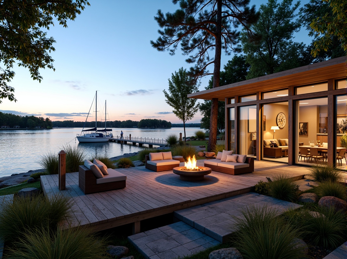 Prompt: Waterfront location, serene lake views, wooden dock, sailboats, luxurious interior design, modern boathouse architecture, floor-to-ceiling windows, sliding glass doors, warm natural lighting, cozy fire pit, comfortable outdoor seating, lush greenery, mature trees, natural stone pathways, weathered wood accents, nautical themed decor, vintage boat elements, soft blue color palette, shallow depth of field, 1/2 composition, warm golden hour lighting, realistic textures, ambient occlusion.