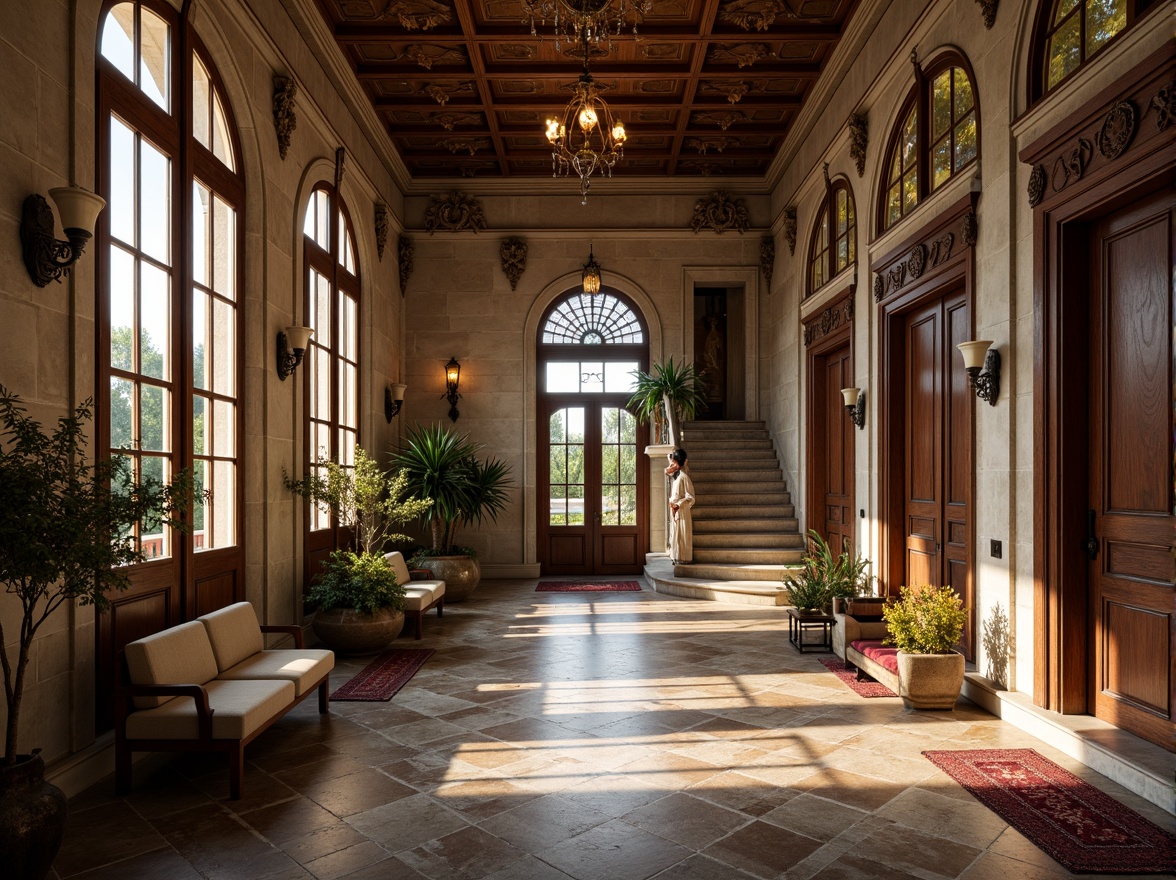 Prompt: Elegant Renaissance-style villa, ornate stone carvings, stained glass windows, arched doorways, grand entrance halls, sweeping staircases, intricate wood paneling, lavish chandeliers, rich velvet drapes, classical columns, carved wooden shutters, soft warm lighting, shallow depth of field, 1/1 composition, symmetrical arrangement, realistic textures, ambient occlusion.