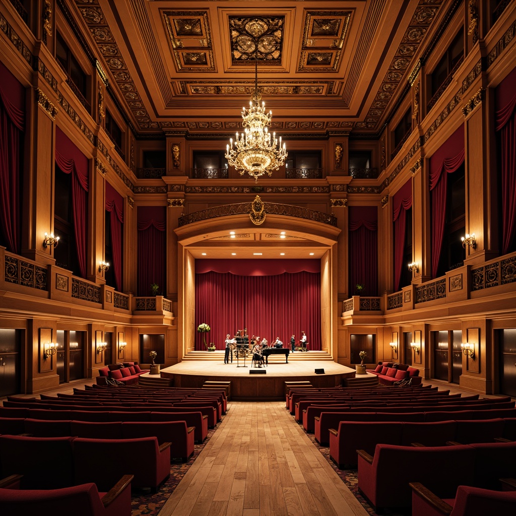 Prompt: \Elegant concert hall, rich wood tones, polished wooden floors, ornate chandeliers, crimson red velvet curtains, golden accents, intricate moldings, high ceilings, grand pianos, luxurious seating, warm soft lighting, dramatic spotlights, subtle shadows, 1/2 composition, symmetrical balance, realistic textures, ambient occlusion.\