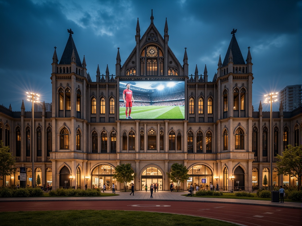 Prompt: Majestic sports stadium, grandiose Gothic facade, intricate stone carvings, pointed arches, ribbed vaults, flying buttresses, ornate gargoyles, stained glass windows, towering spires, grand entrance gates, athletic track, lush green grass, vibrant scoreboard, modern floodlights, dramatic nighttime illumination, cinematic misty atmosphere, symmetrical composition, warm golden lighting, detailed textures, ambient occlusion.