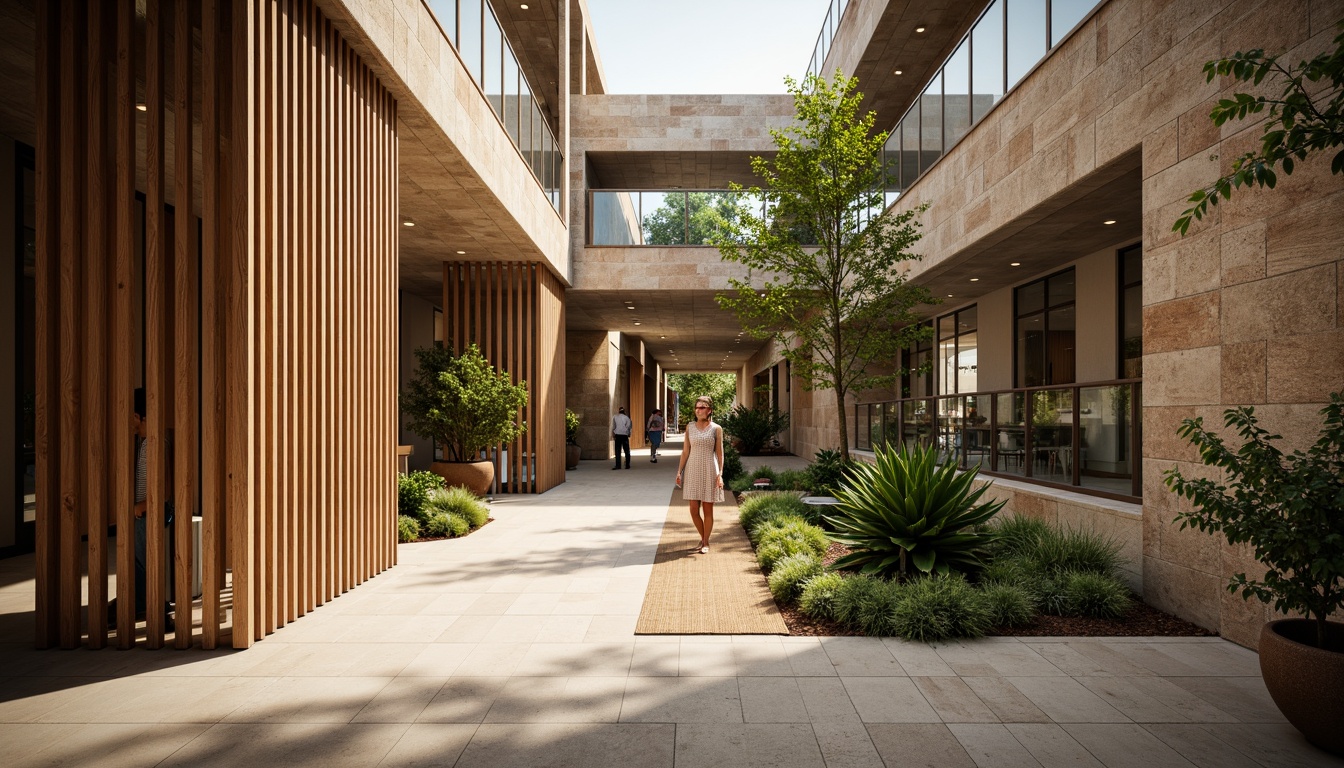 Prompt: Rustic shopping center, textured stone walls, wooden accents, natural fiber rugs, earthy tone color palette, minimalist decor, modern lighting fixtures, sleek glass railings, spacious atriums, lush greenery, tropical plants, warm sunny day, soft diffused lighting, shallow depth of field, 3/4 composition, realistic textures, ambient occlusion.