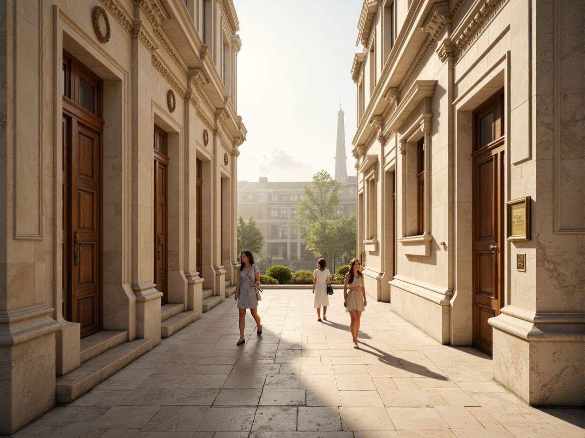 Prompt: Elegant neoclassical architecture, ornate columns, carved marble details, symmetrical facades, grandiose entranceways, cream-colored stone walls, soft golden lighting, warm beige tones, rich wood accents, intricate moldings, subtle gradient skies, misty morning atmosphere, shallow depth of field, 1/1 composition, realistic textures, ambient occlusion.