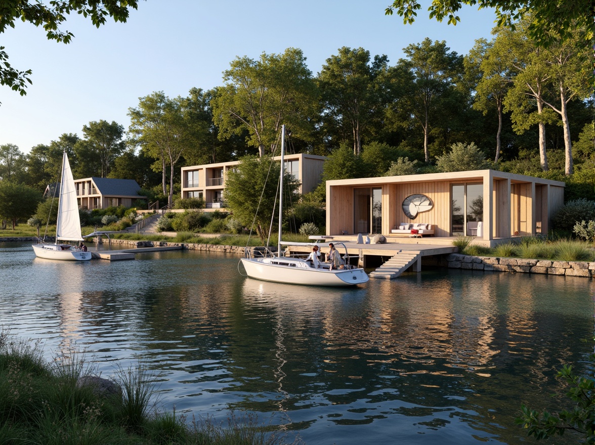 Prompt: Waterfront location, serene lake views, lush greenery, wooden dock, sailboats, rowing boats, rustic stone walls, nautical-themed decorations, warm wooden accents, cozy interior spaces, large windows, sliding glass doors, natural light, panoramic views, shallow depth of field, 3/4 composition, realistic textures, ambient occlusion, modern boathouse design, sustainable building materials, eco-friendly systems, innovative water management solutions.